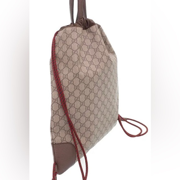 Gucci Ann Gris-Cat Drawstring 2WAY Backpack GG Supreme Beige x Brown Unisex - Picture 2 of 9